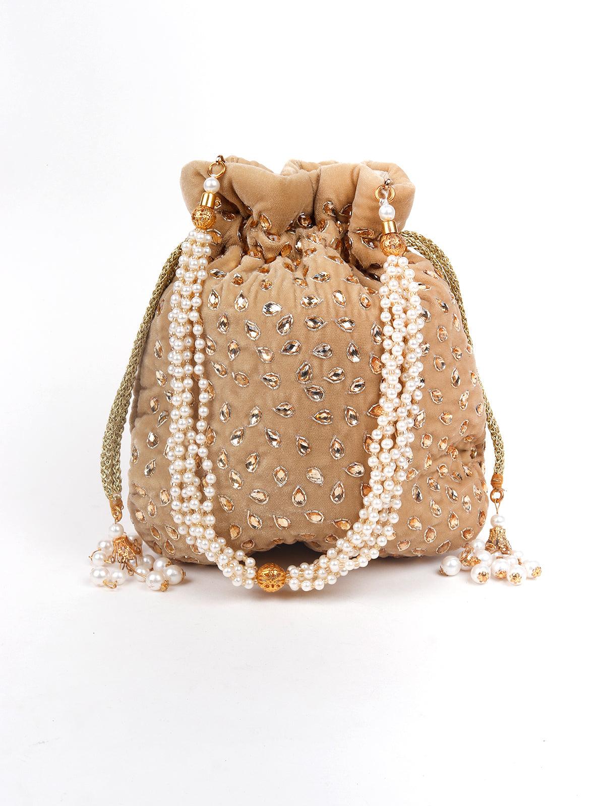 Beige Stone Studded Potli Bag - Odette