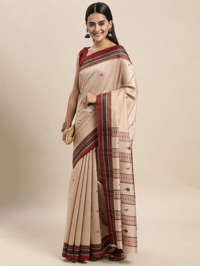 Bhagalpuri Silk Beige Printed Saree With Blouse Piece - Odette