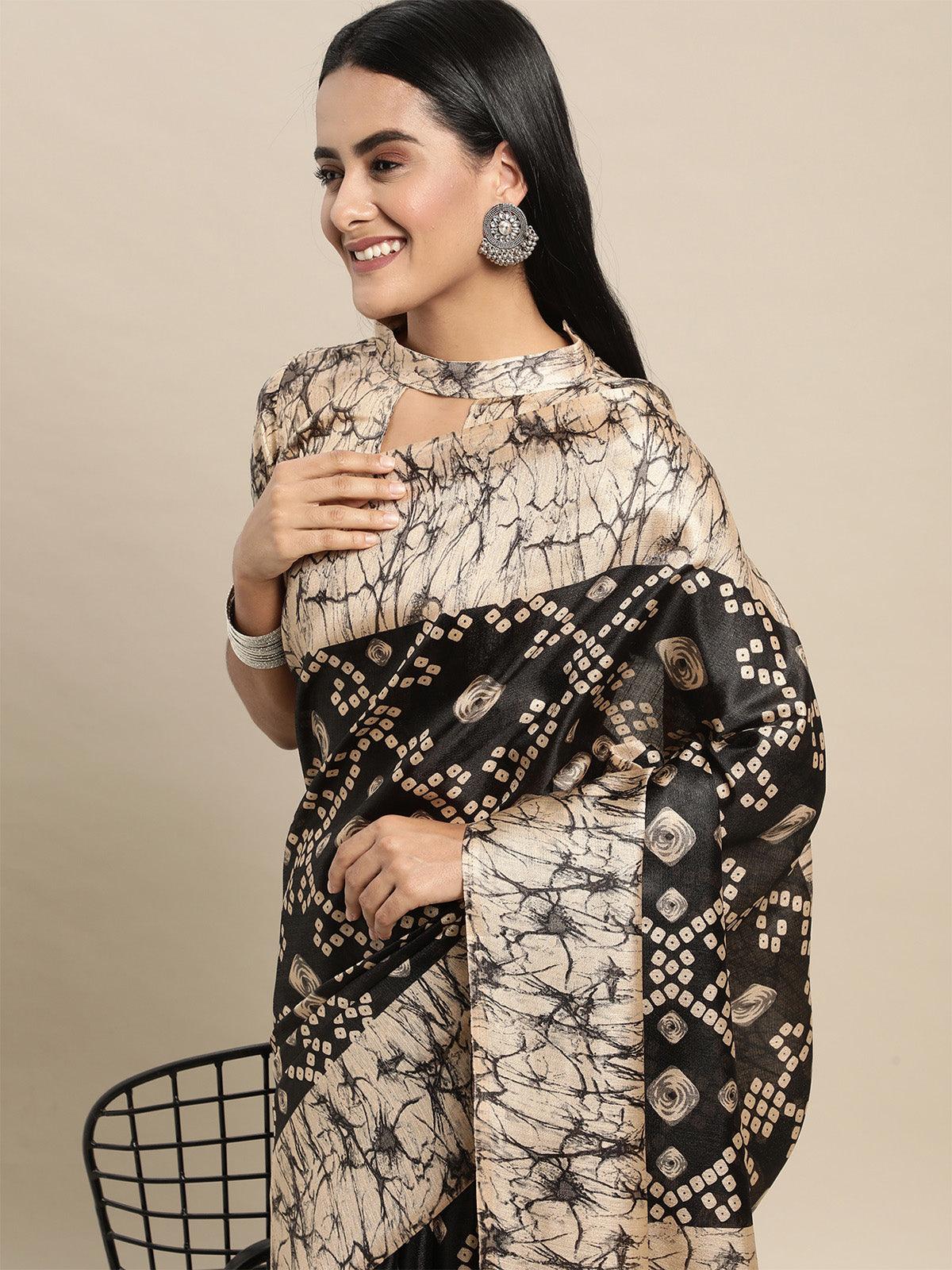 Bhagalpuri Silk Black Printed Saree With Blouse Piece - Odette