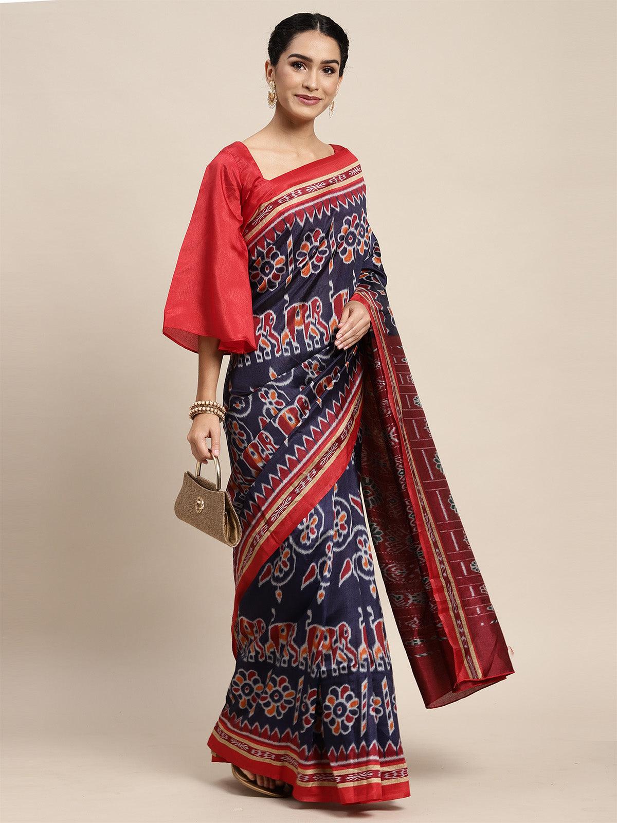 Bhagalpuri Silk Blue Printed Saree With Blouse Piece - Odette