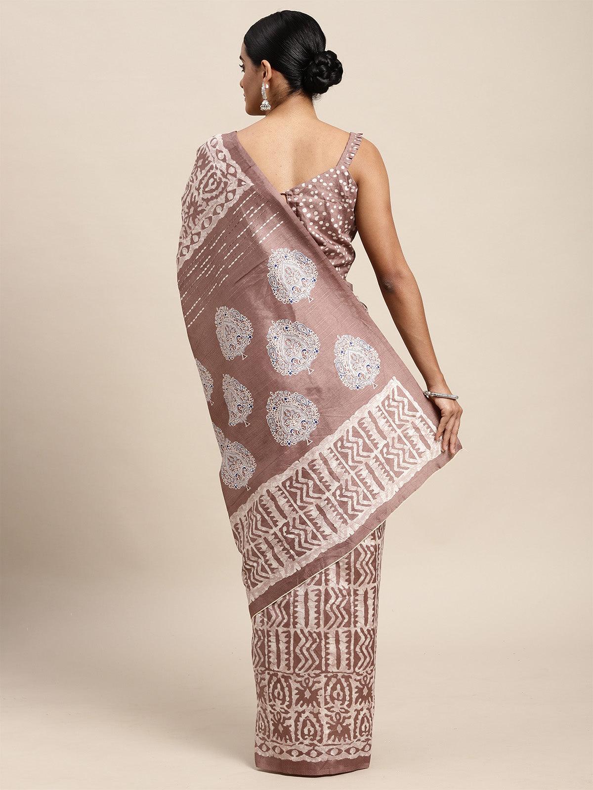 Bhagalpuri Silk Brown Printed Saree With Blouse Piece - Odette