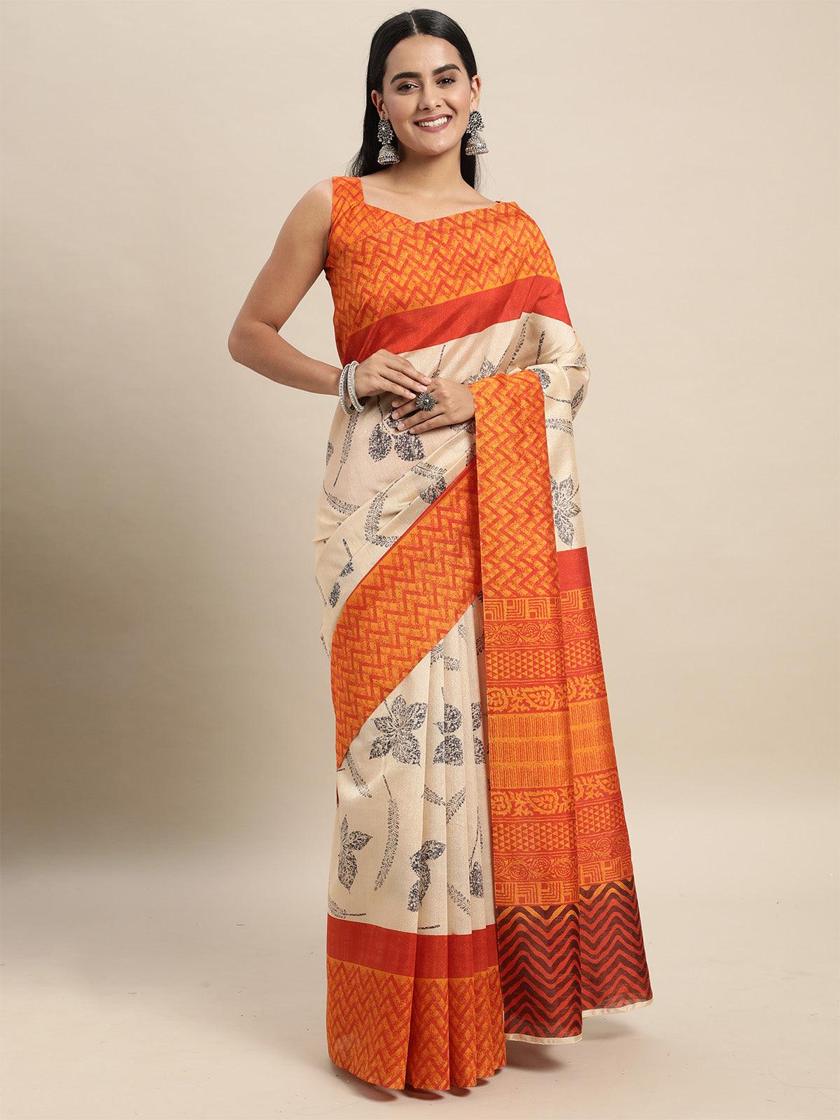 Bhagalpuri Silk Cream Printed Saree With Blouse Piece - Odette