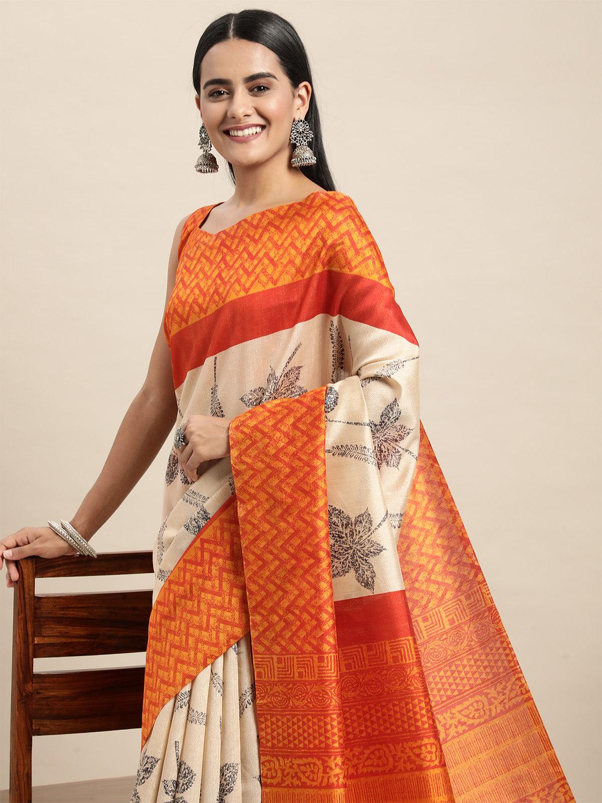 Bhagalpuri Silk Cream Printed Saree With Blouse Piece - Odette