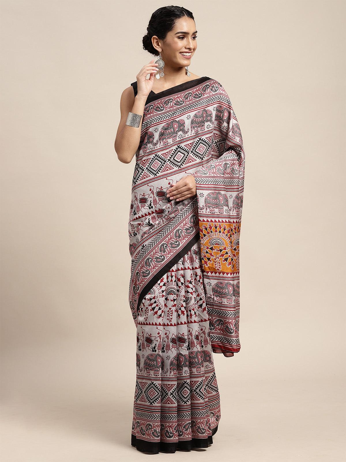 Bhagalpuri Silk Grey Printed Saree With Blouse Piece - Odette
