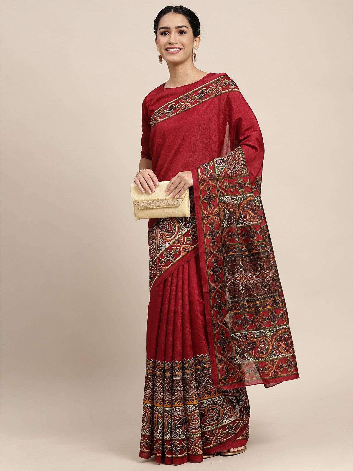 Bhagalpuri Silk Maroon Printed Saree With Blouse Piece - Odette