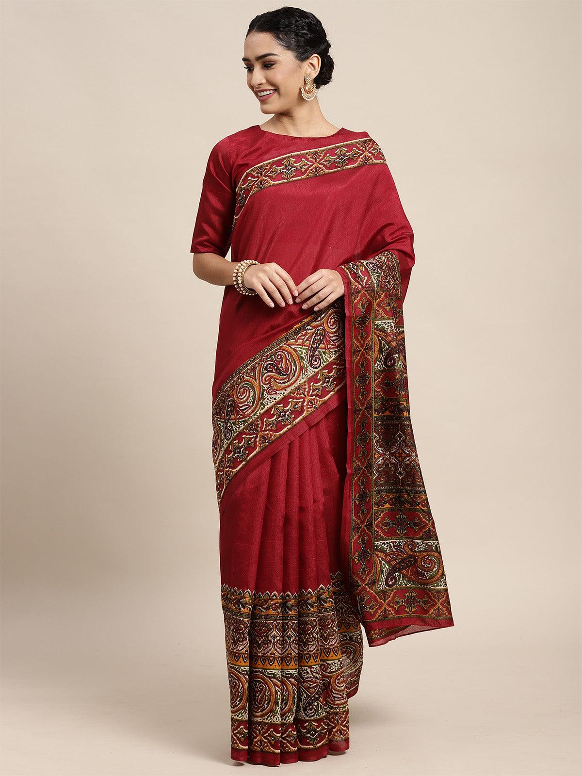 Bhagalpuri Silk Maroon Printed Saree With Blouse Piece - Odette