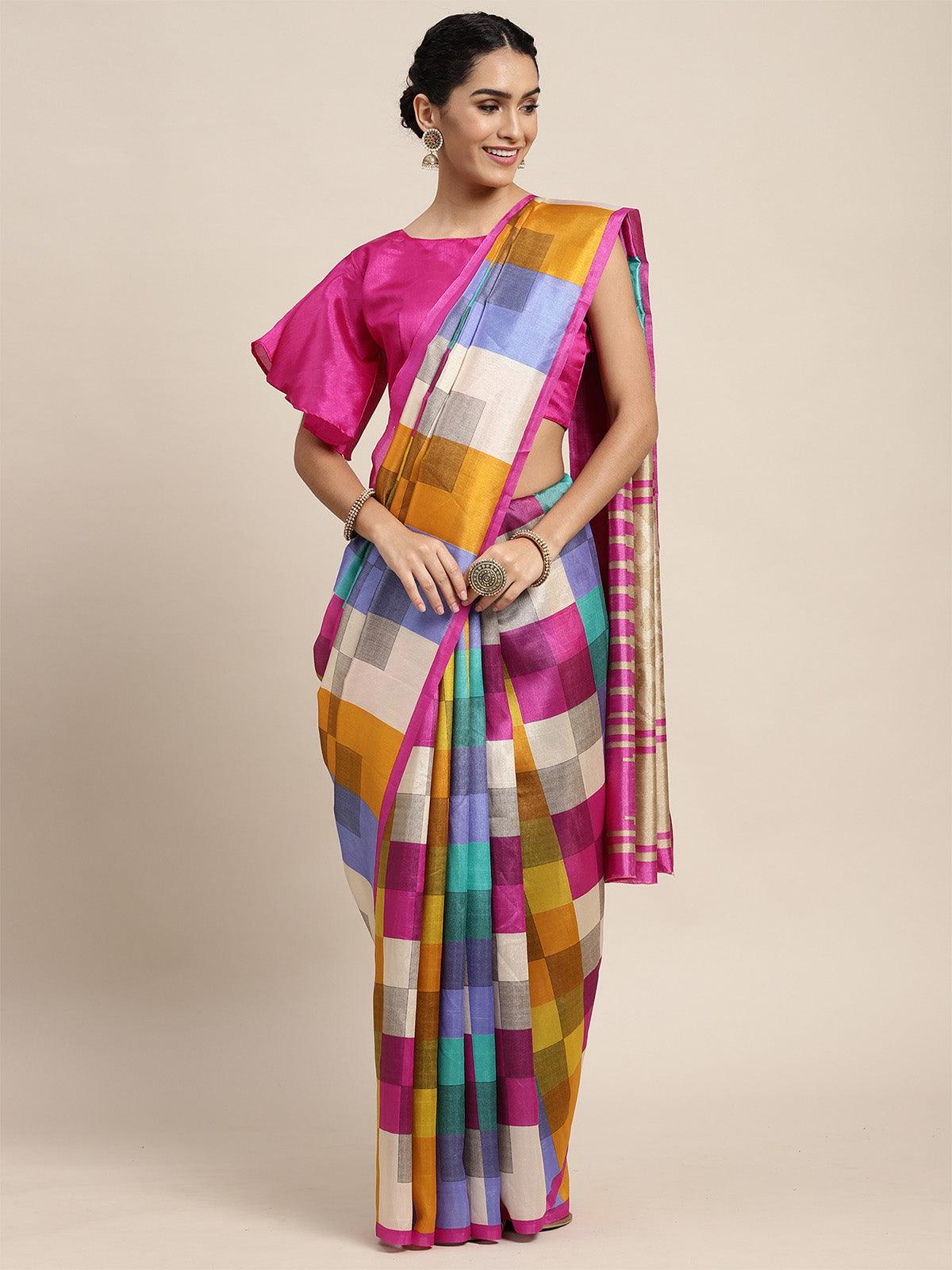 Bhagalpuri Silk Multicolored Printed Saree With Blouse Piece - Odette