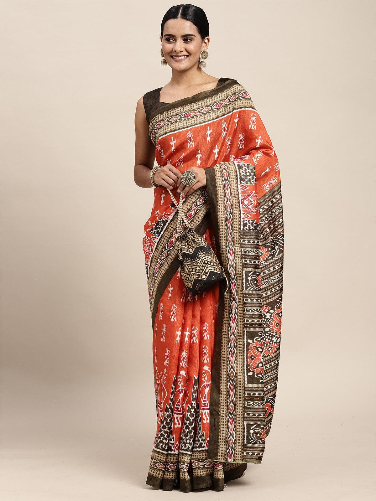 Bhagalpuri Silk Orange Printed Saree With Blouse Piece - Odette