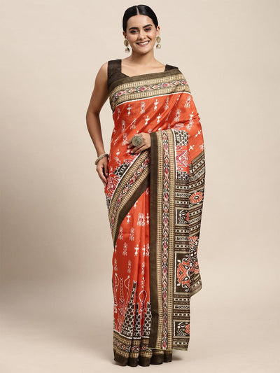Bhagalpuri Silk Orange Printed Saree With Blouse Piece - Odette