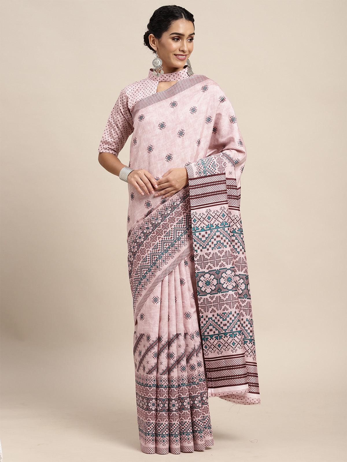 Bhagalpuri Silk Pink Printed Saree With Blouse Piece - Odette