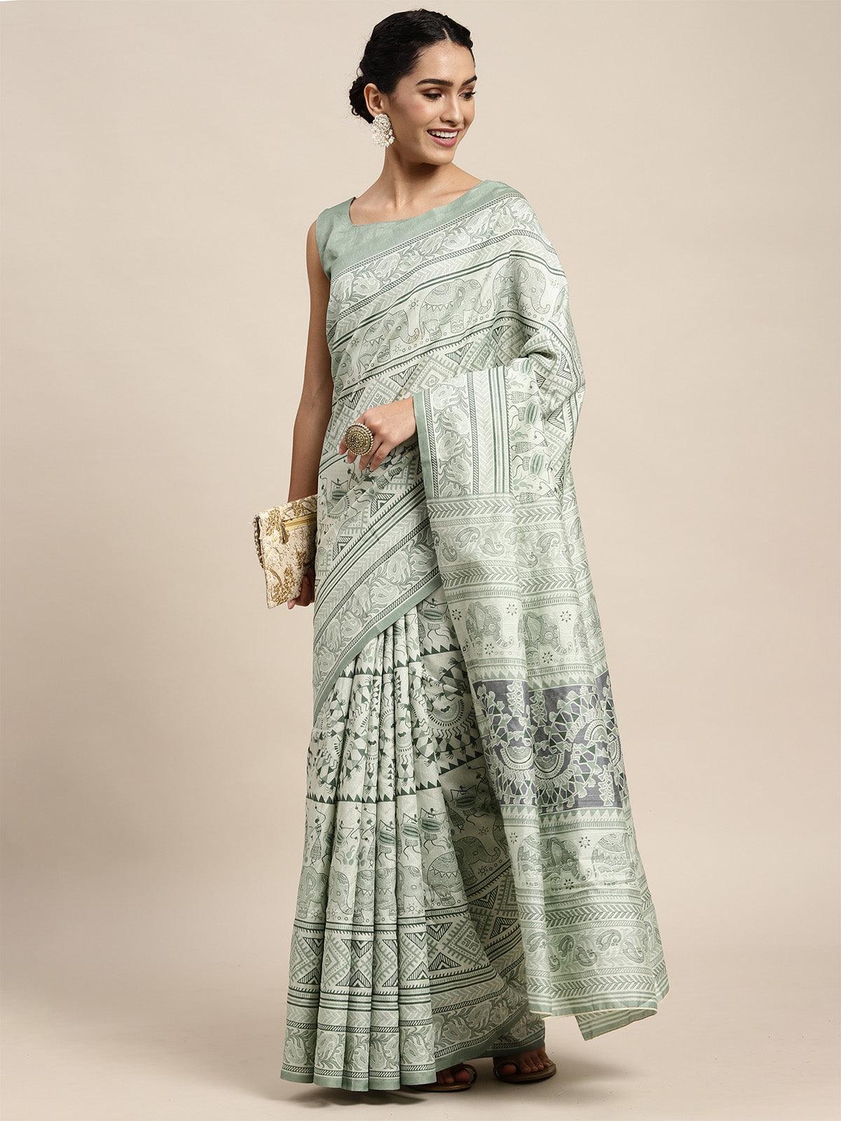 Bhagalpuri Silk Sea Green Printed Saree With Blouse Piece - Odette