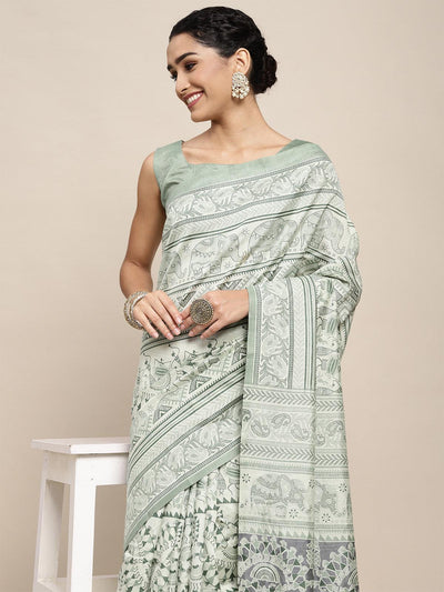 Bhagalpuri Silk Sea Green Printed Saree With Blouse Piece - Odette