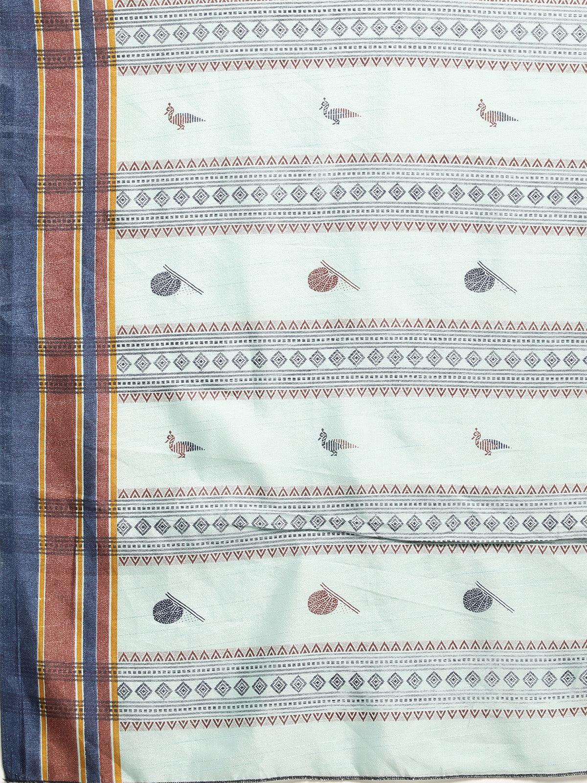 Bhagalpuri Silk Turquoise Printed Saree With Blouse Piece - Odette