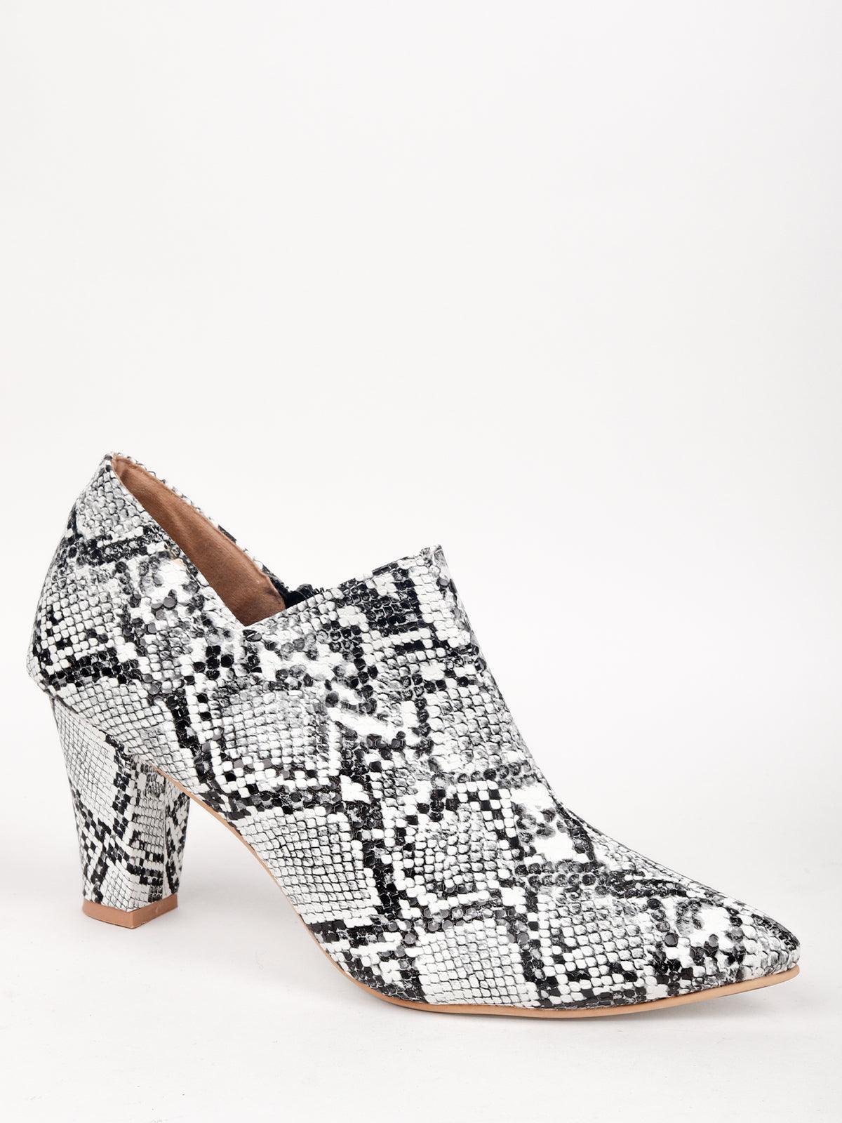 Black & Amp;  White Snakeskin Print Heeled Boots. - Odette