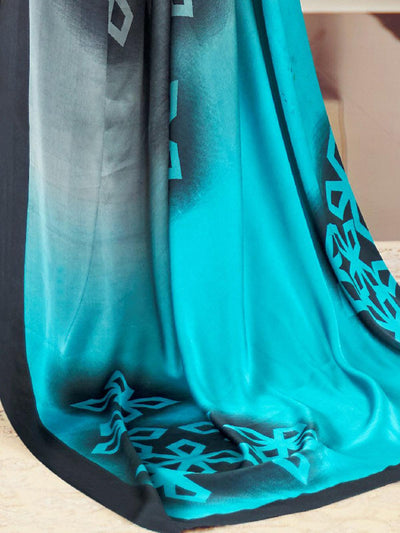 Black & Blue Festive Crepe Printed Saree With Unstitched Blouse - Odette