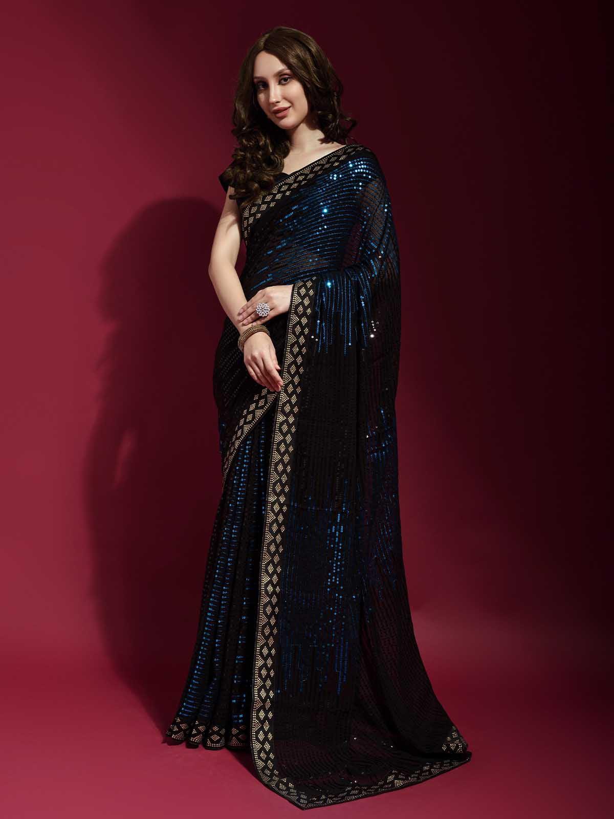 Black and Blue Georgette Sequence Saree With Blouse - Odette