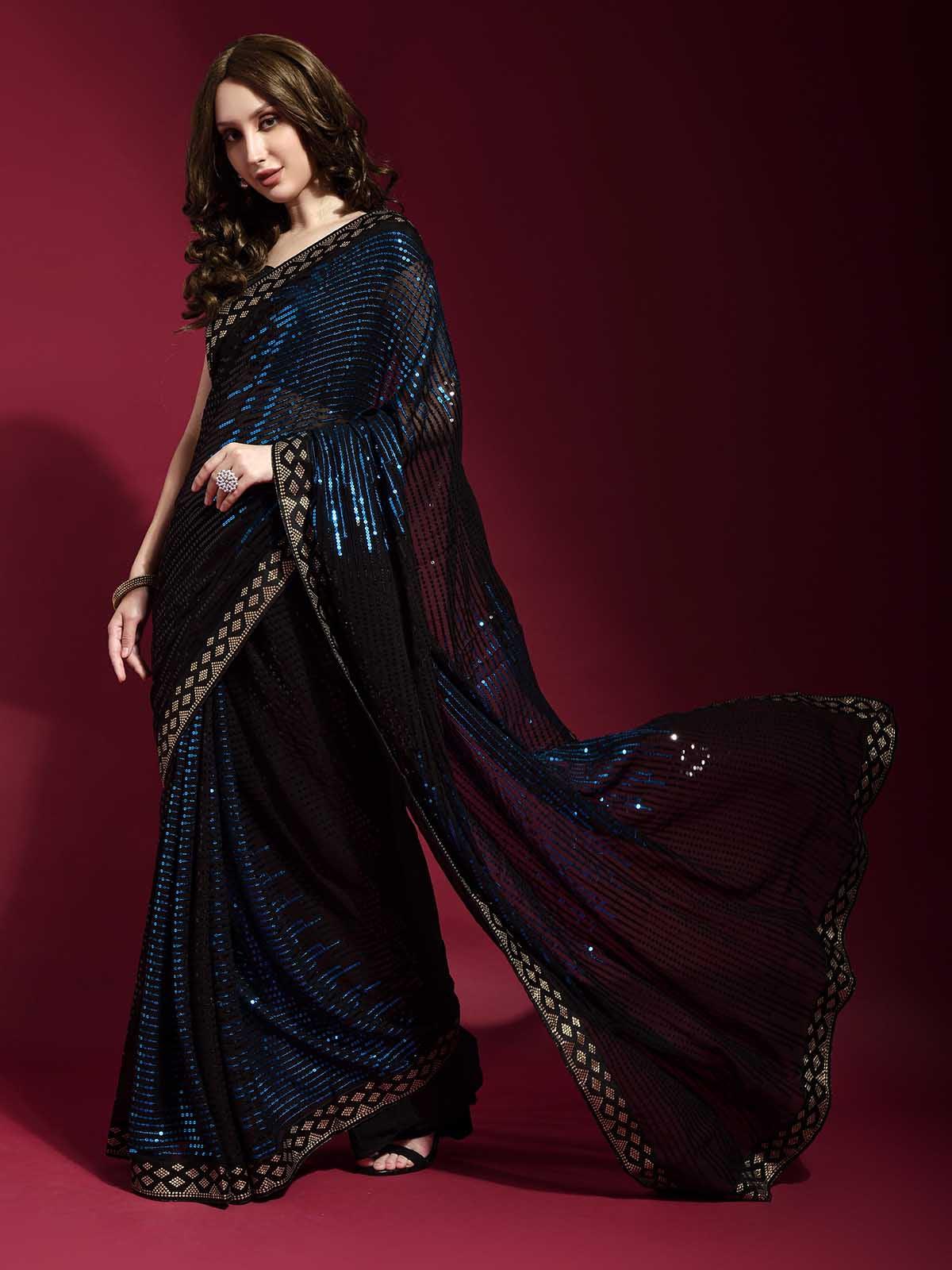 Black and Blue Georgette Sequence Saree With Blouse - Odette