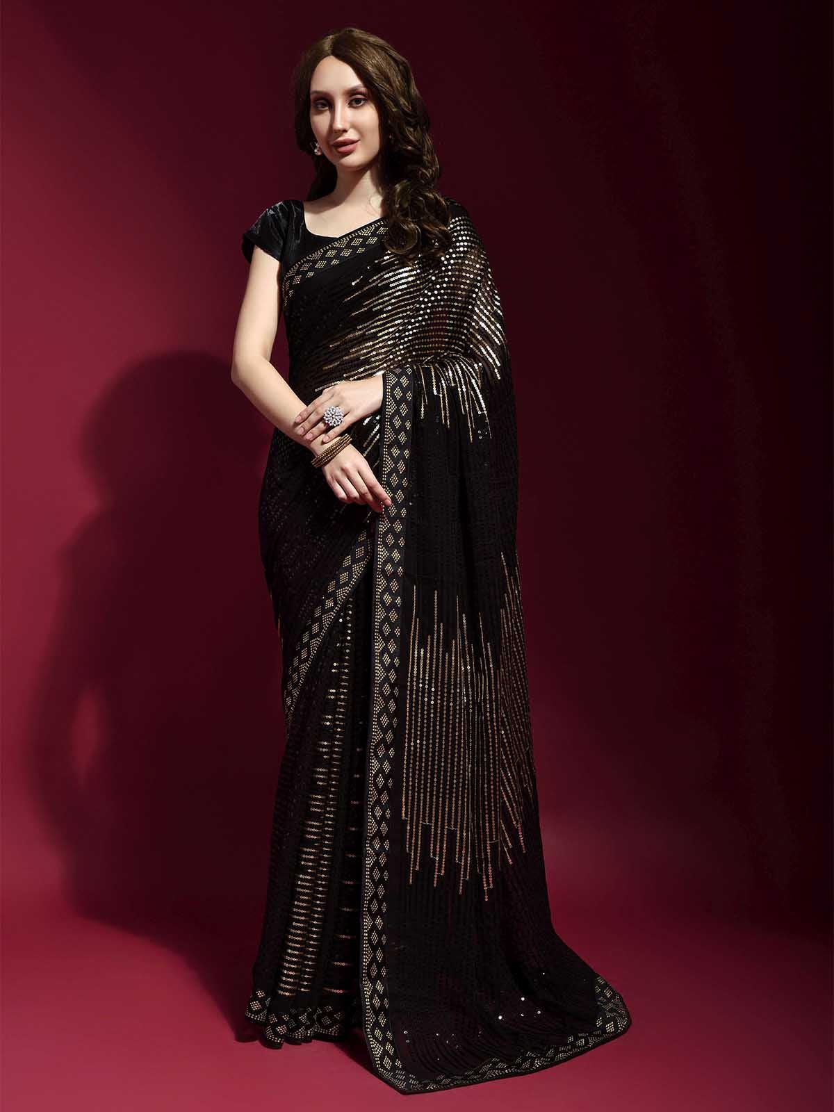 Black and Gold Georgette Sequence Saree With Blouse - Odette