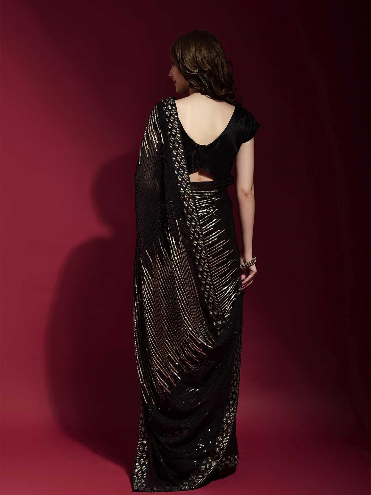 Black and Gold Georgette Sequence Saree With Blouse - Odette