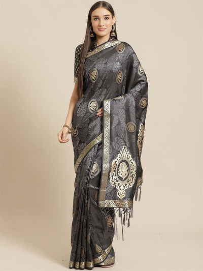 Black & Grey Festive Pure Satin Woven Saree With Unstitched Blouse - Odette