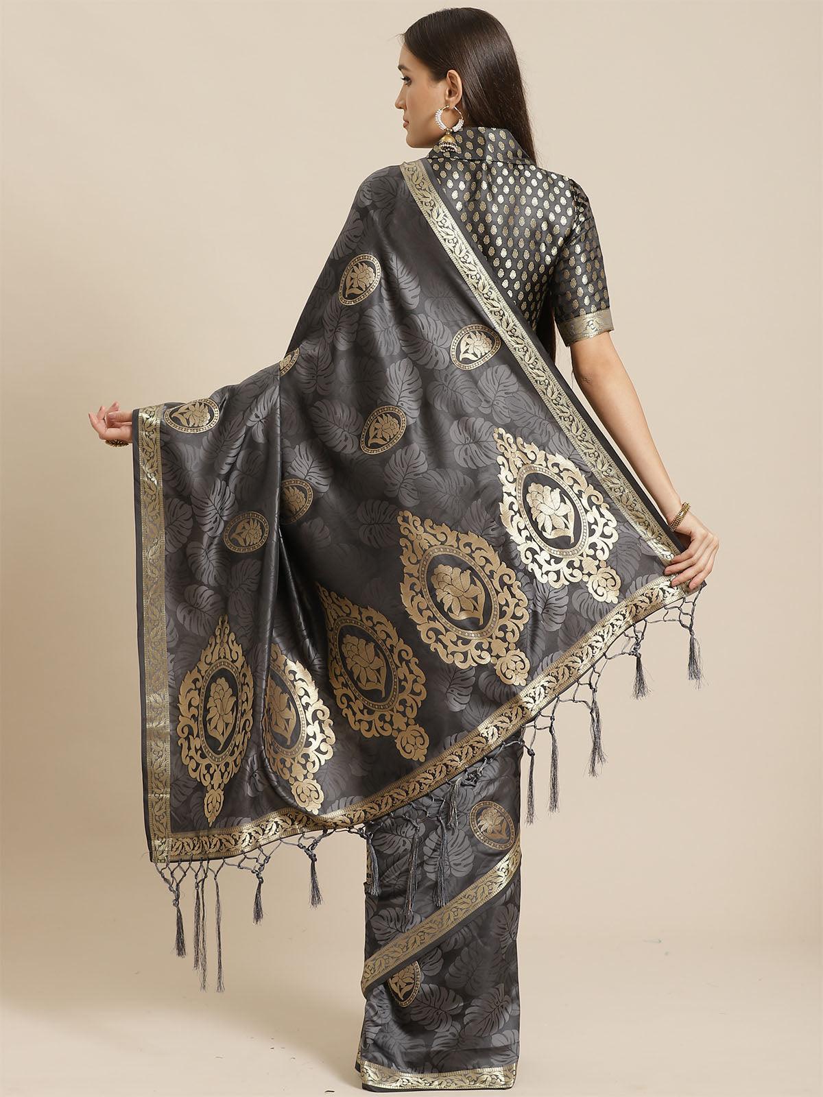 Black & Grey Festive Pure Satin Woven Saree With Unstitched Blouse - Odette