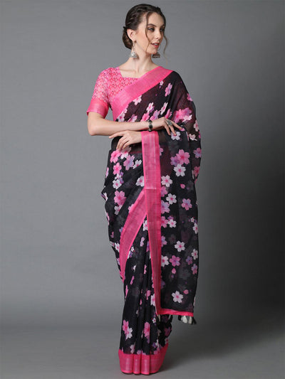 Black & Pink Casual Linen Printed Saree With Unstitched Blouse - Odette