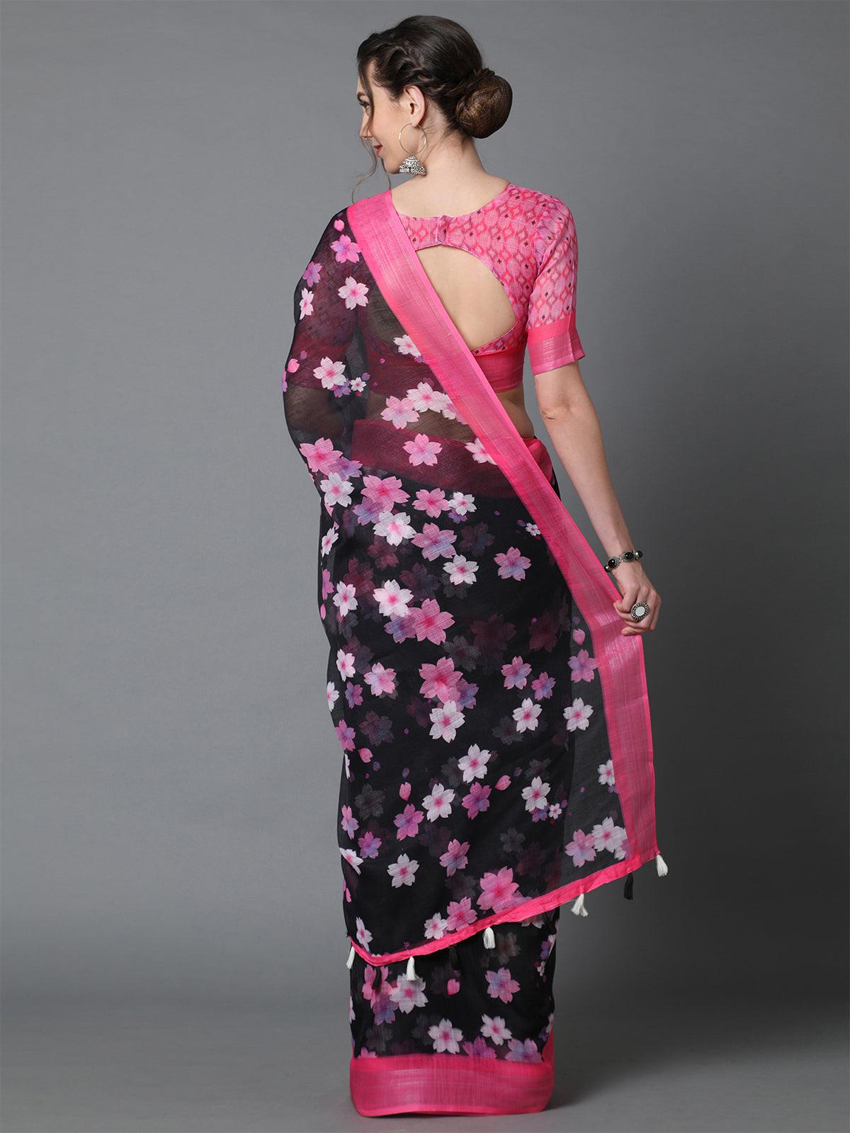 Black & Pink Casual Linen Printed Saree With Unstitched Blouse - Odette
