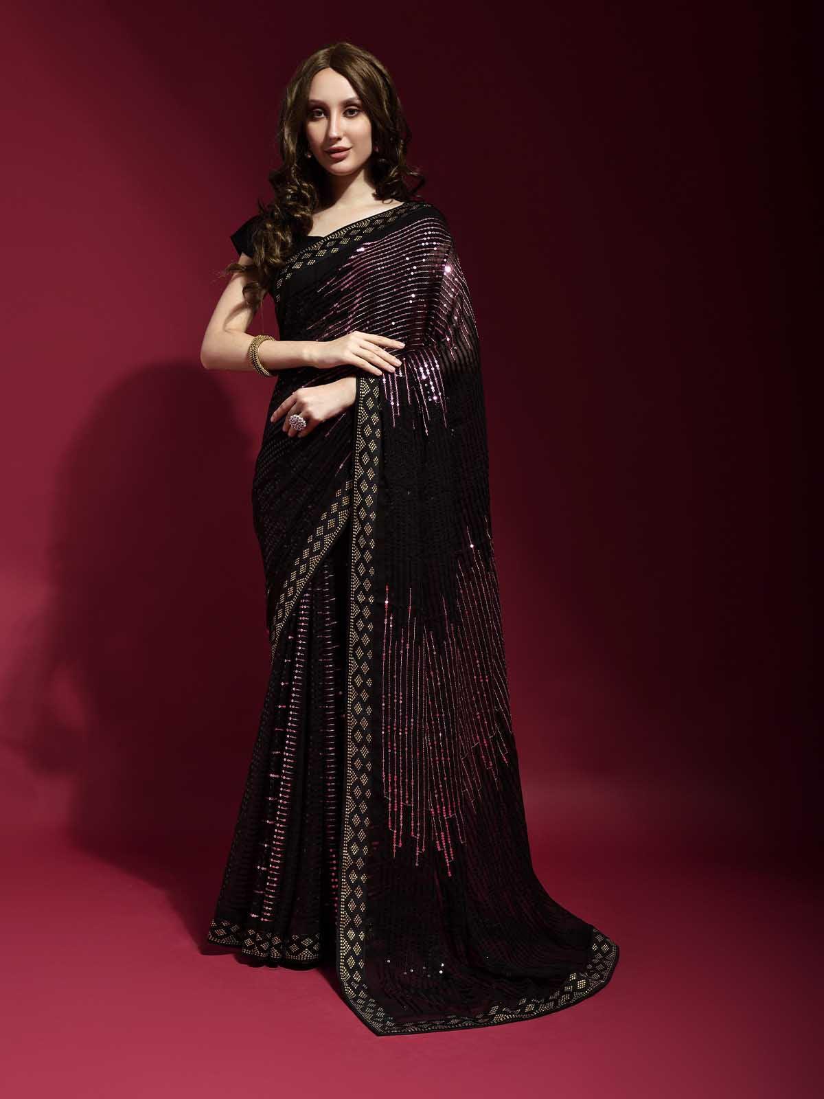 Black and Pink Georgette Sequence Saree With Blouse - Odette