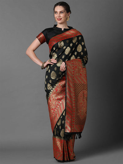 Black & Red Festive Silk Blend Woven Design Saree With Unstitched Blouse - Odette