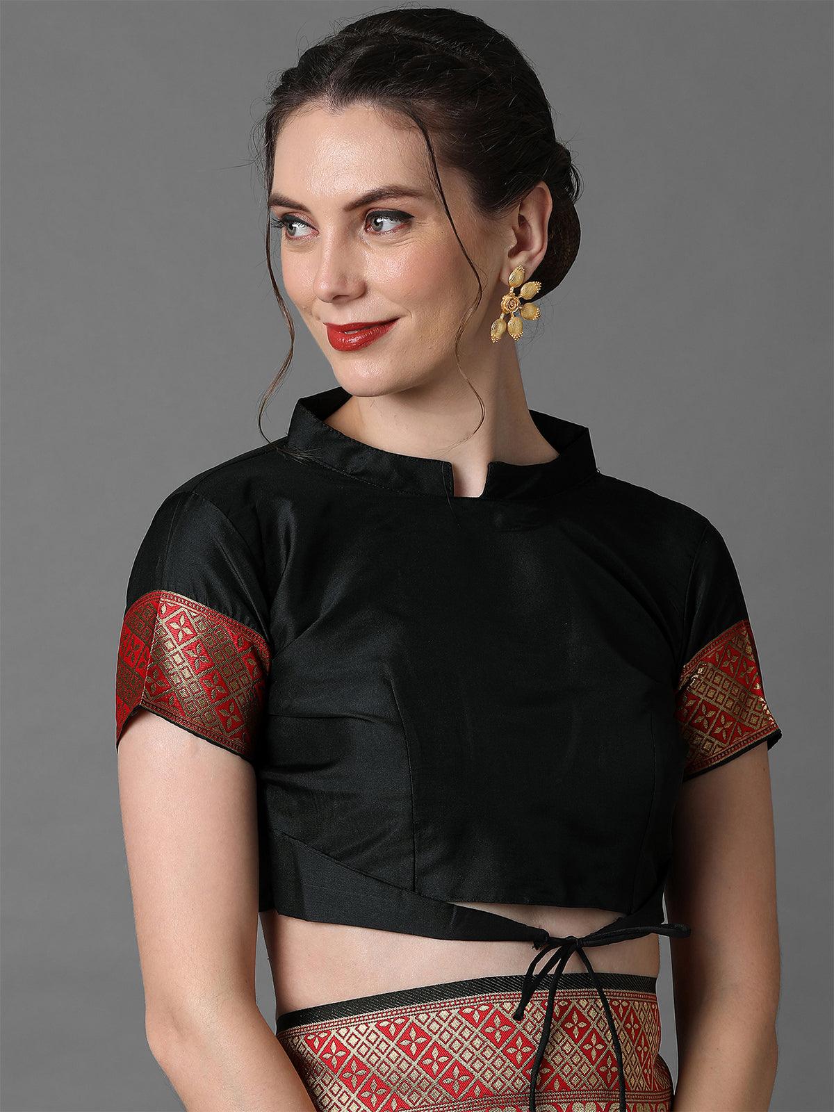 Black & Red Festive Silk Blend Woven Design Saree With Unstitched Blouse - Odette