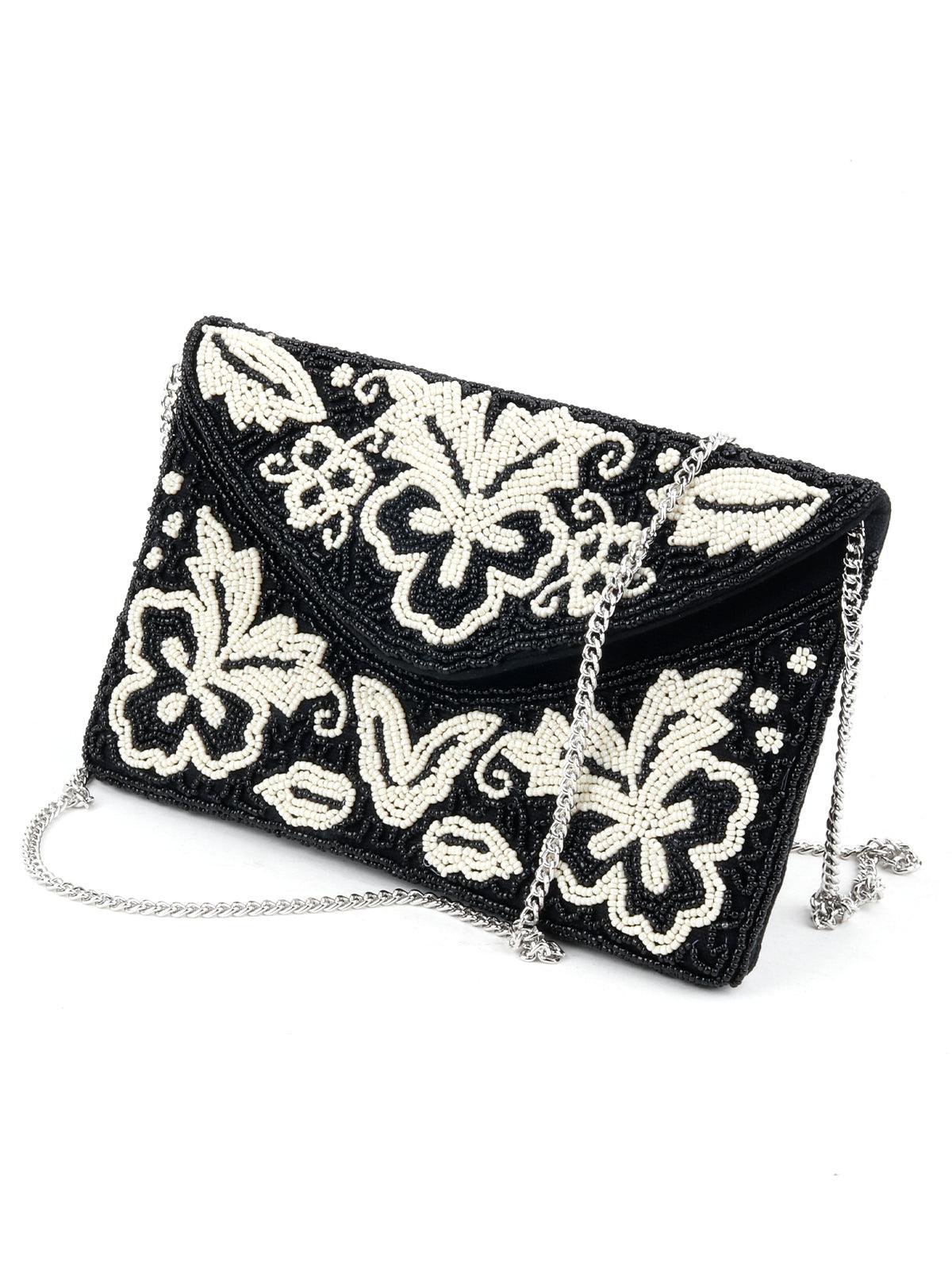 Black And White Beads Envelope Clutch - Odette