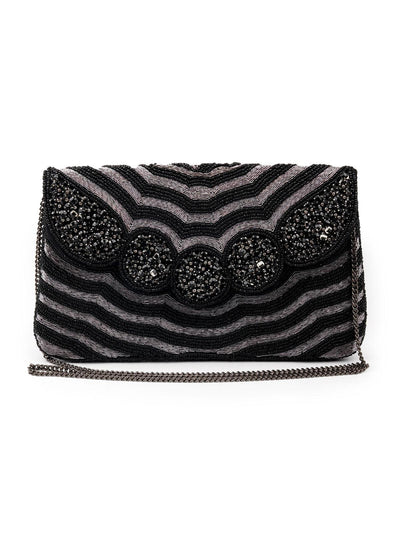 Black beaded stunning flap closure sling bag - Odette
