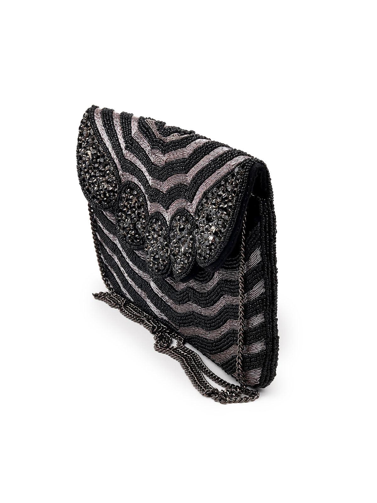Black beaded stunning flap closure sling bag - Odette