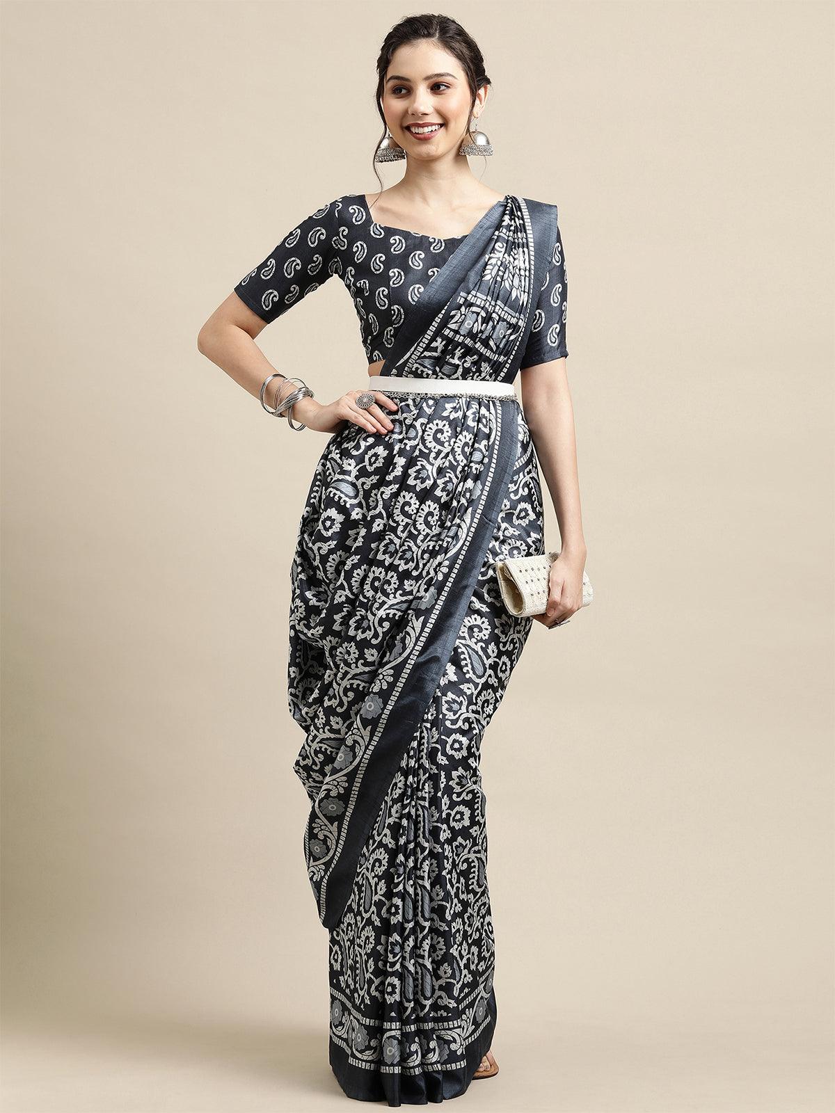 Black Casual Dola silk Printed Saree With Unstitched Blouse - Odette