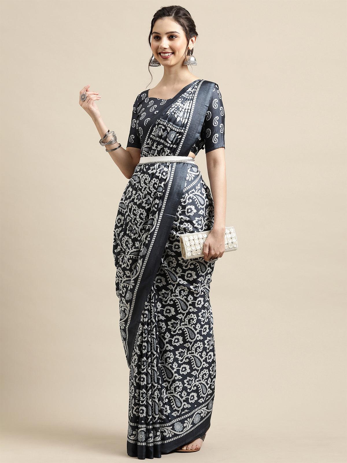 Black Casual Dola silk Printed Saree With Unstitched Blouse - Odette