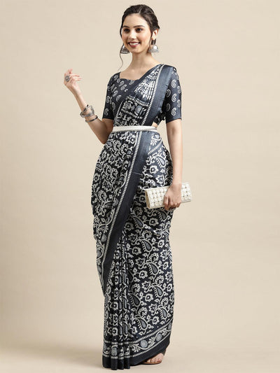 Black Casual Dola silk Printed Saree With Unstitched Blouse - Odette