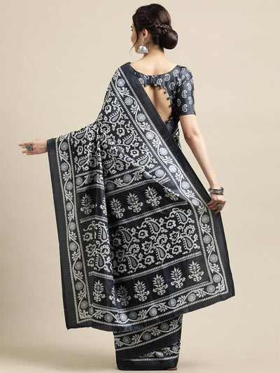 Black Casual Dola silk Printed Saree With Unstitched Blouse - Odette