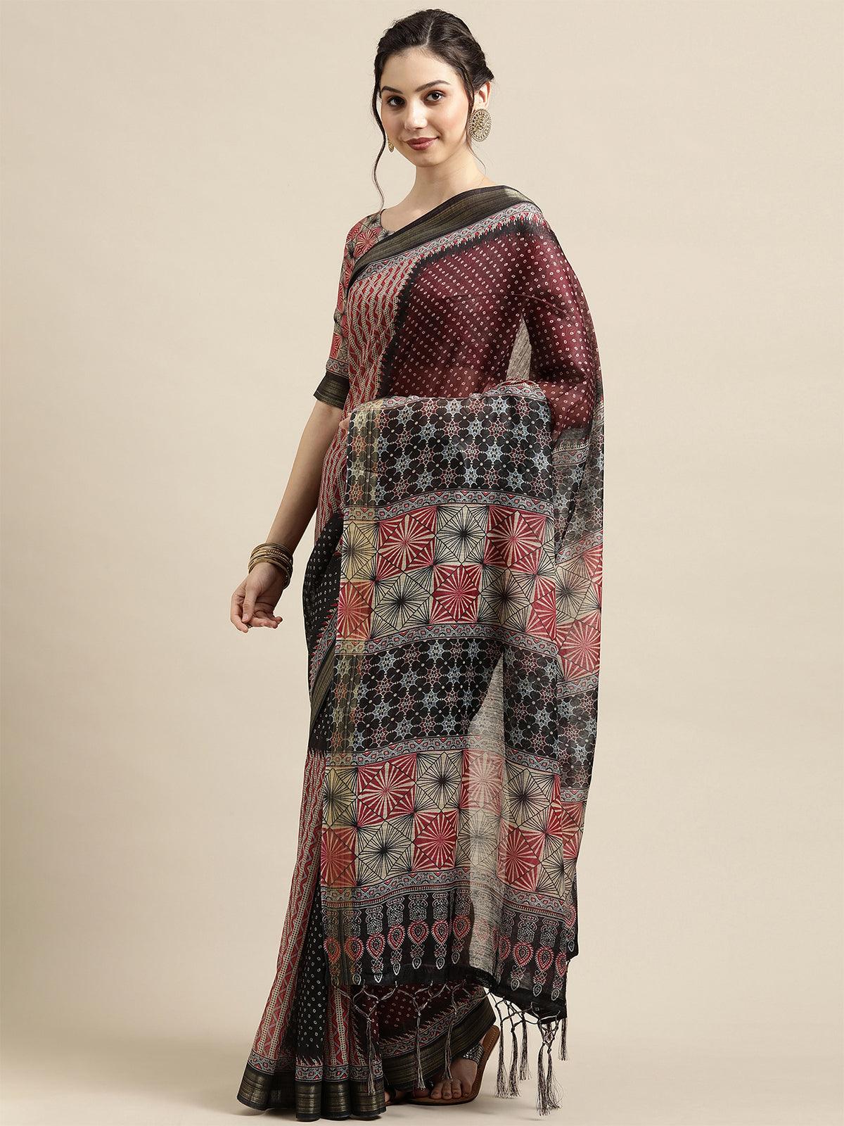 Black Casual Linen Blend Printed Saree With Unstitched Blouse - Odette