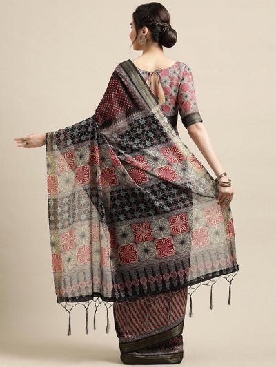 Black Casual Linen Blend Printed Saree With Unstitched Blouse - Odette
