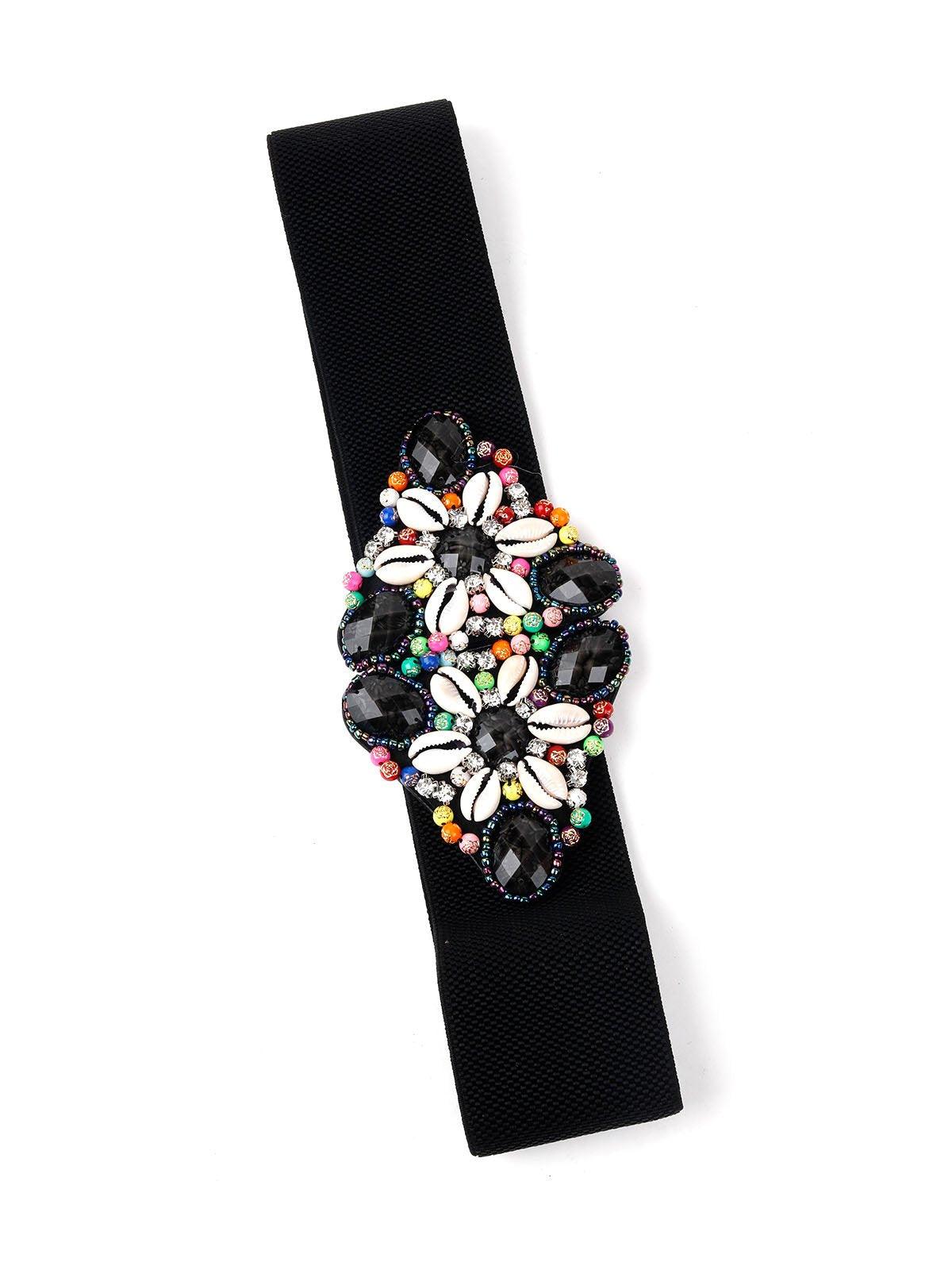 Black Elastic Belt With Multicolor Beads - Odette