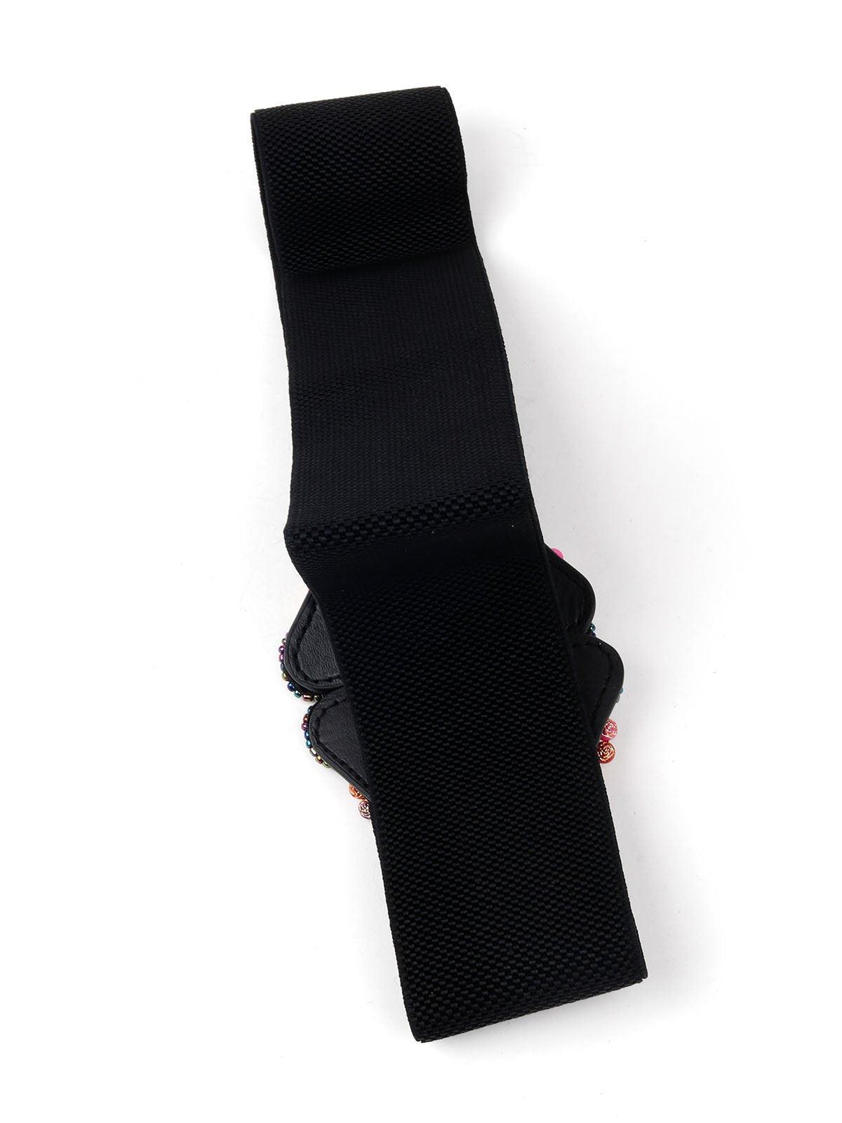 Black Elastic Belt With Multicolor Beads - Odette