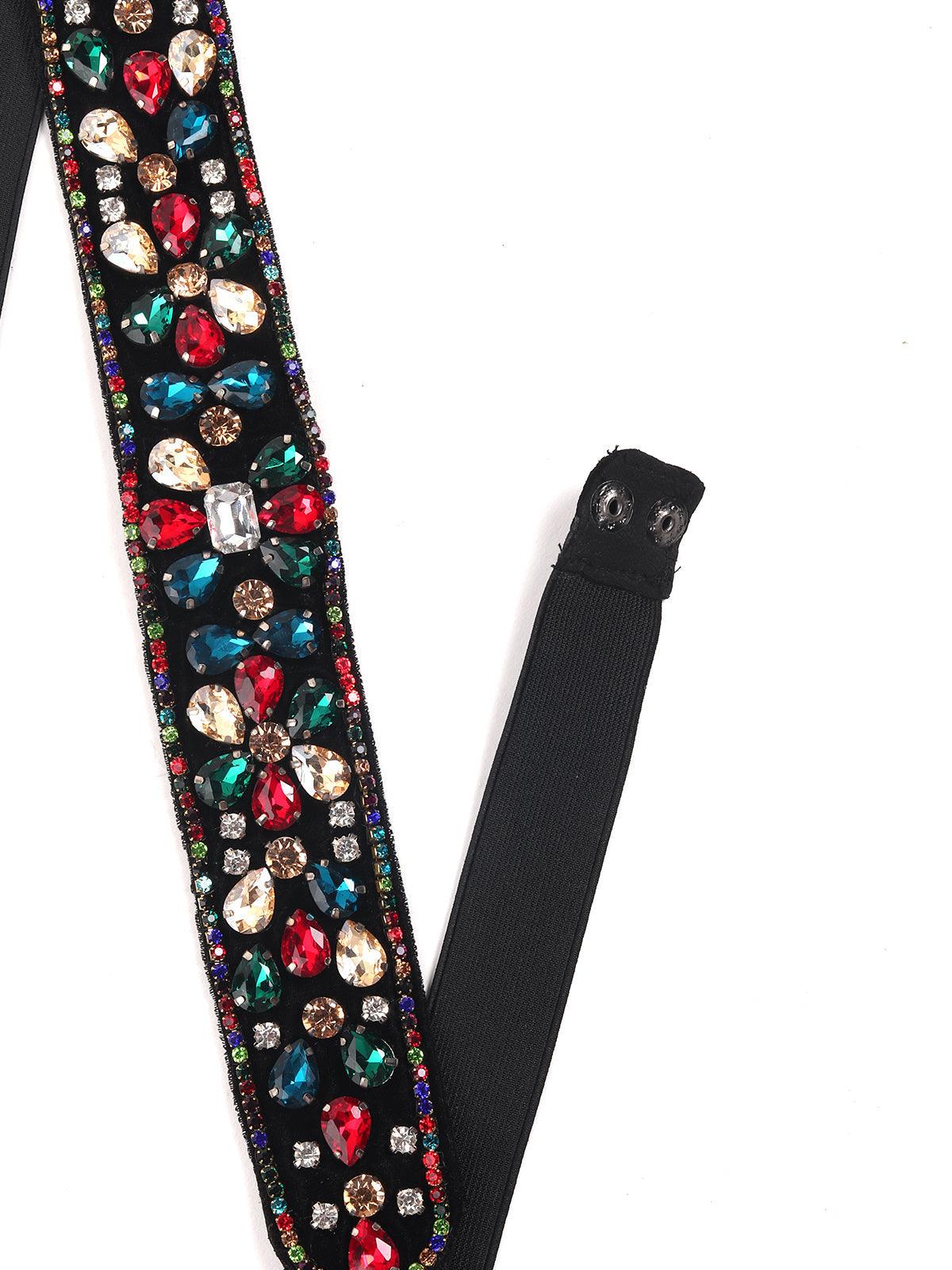 Black elasticated belt with lovely multicolored stones! - Odette