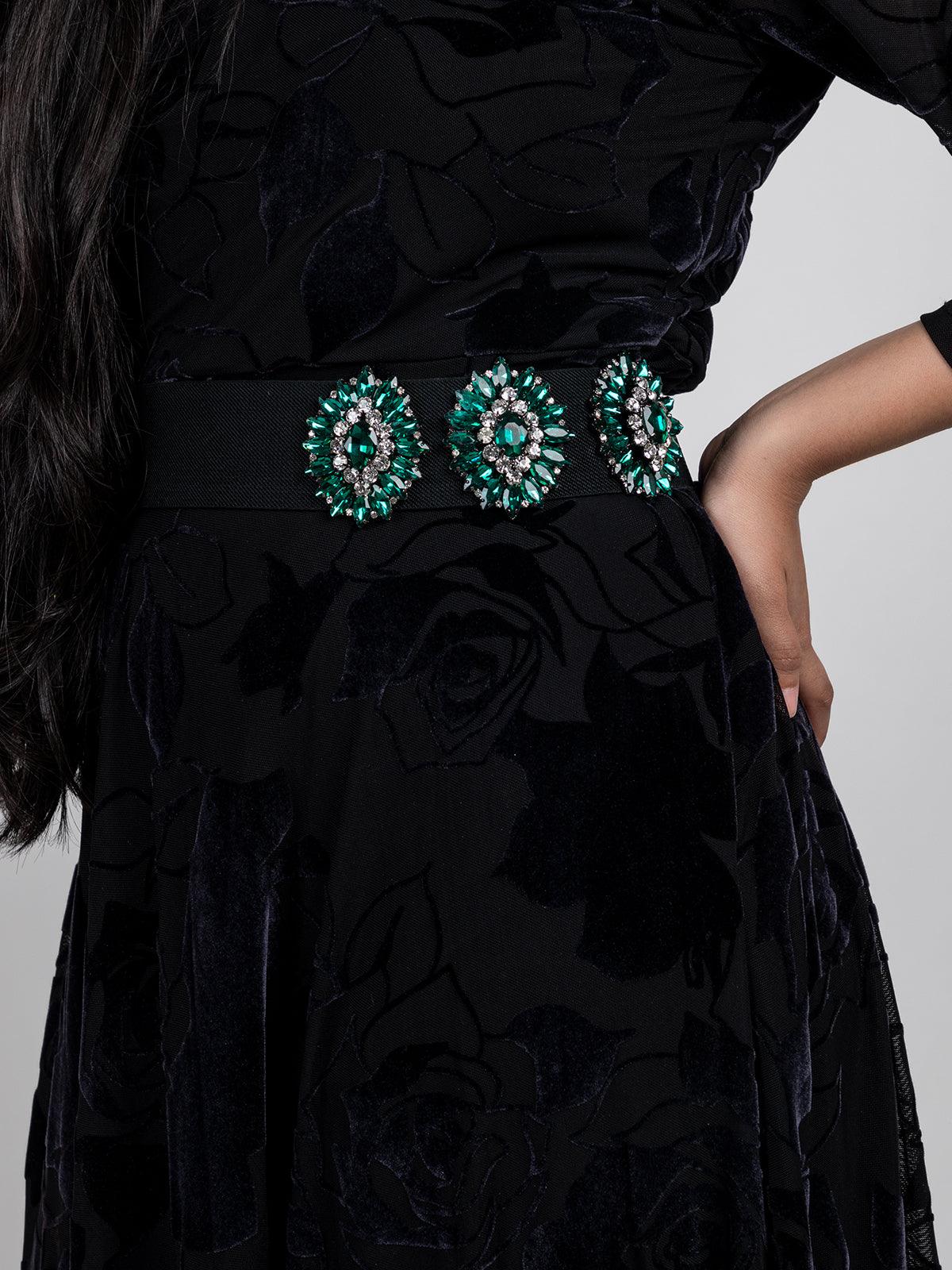 Black elasticised adorning green stone waist belt! - Odette