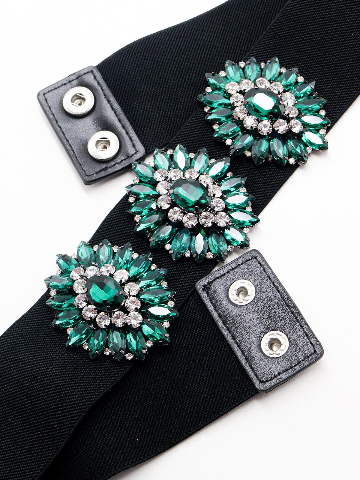 Black elasticised adorning green stone waist belt! - Odette