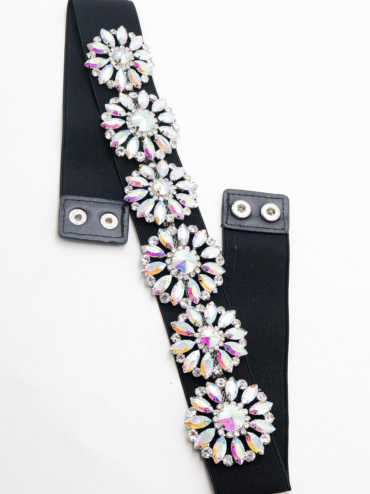 Black elasticised glittery gem waist belt - Odette