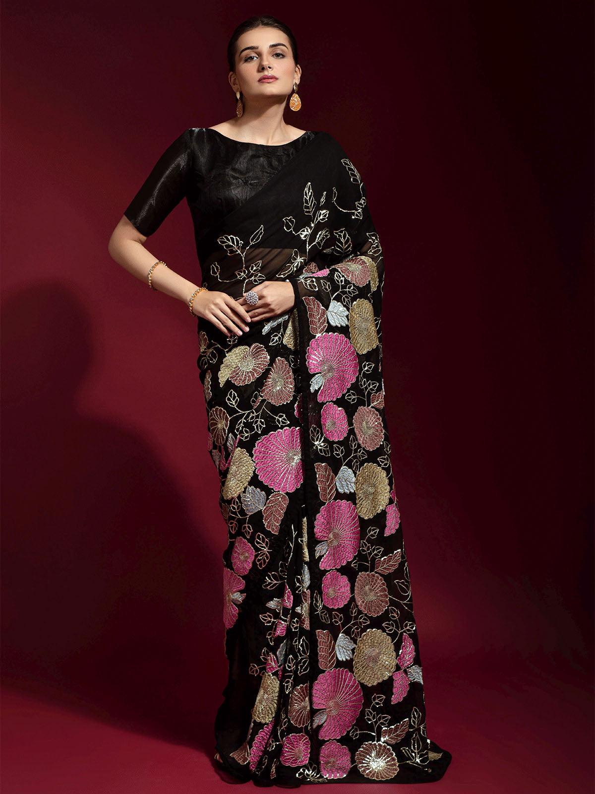 Black Floral Printed Georgette Saree