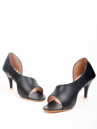 Black Faux Leather Material Curvy Detailing With Black Coloured Heels - Odette