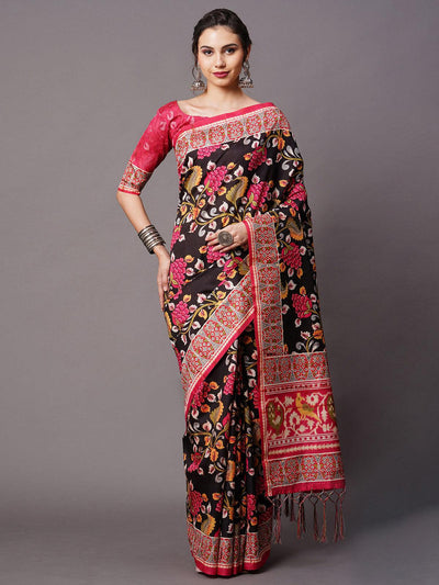 Black Festive Bhagalpuri Silk Printed Saree With Unstitched Blouse - Odette