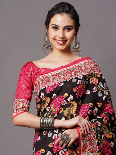 Black Festive Bhagalpuri Silk Printed Saree With Unstitched Blouse - Odette