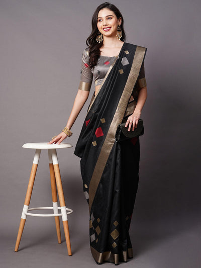 Black Festive Cotton silk Woven Design Saree With Unstitched Blouse - Odette